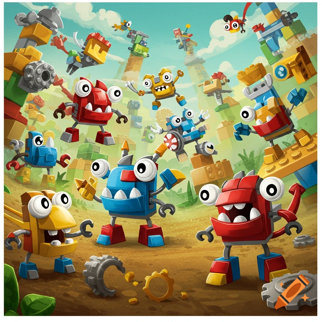 Many colorful, block-like Lego Mixels characters with large eyes populate a whimsical, bright green landscape under a blue sky.