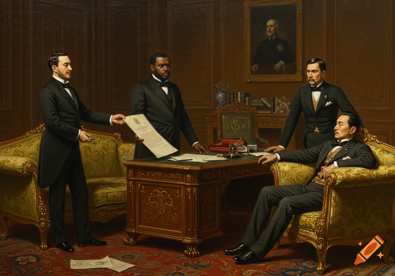 An oil painting of four impeccably dressed diplomats in a formal 19th-century office, negotiating a treaty.