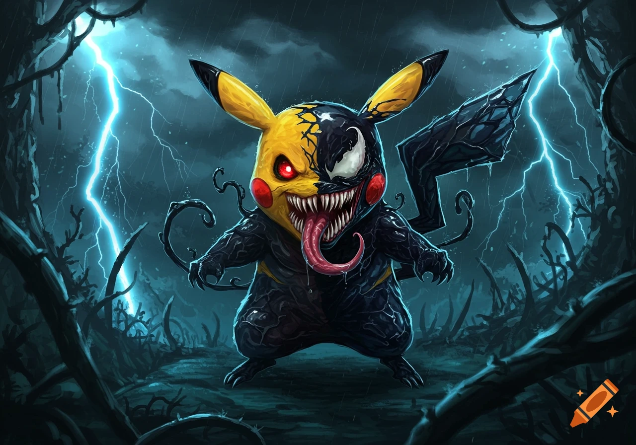 Stylized illustration of a Pikachu-Venom hybrid with sharp teeth, a long tongue, and glowing red eyes in a stormy, dark landscape with lightning.