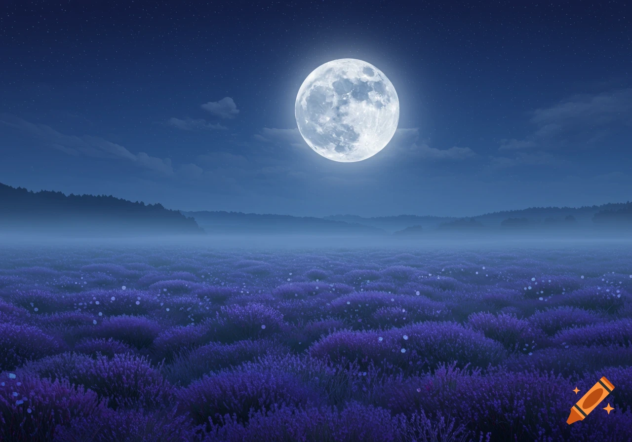 A full moon illuminates a vast, misty field of purple lavender under a dark, starry night sky with distant hills.