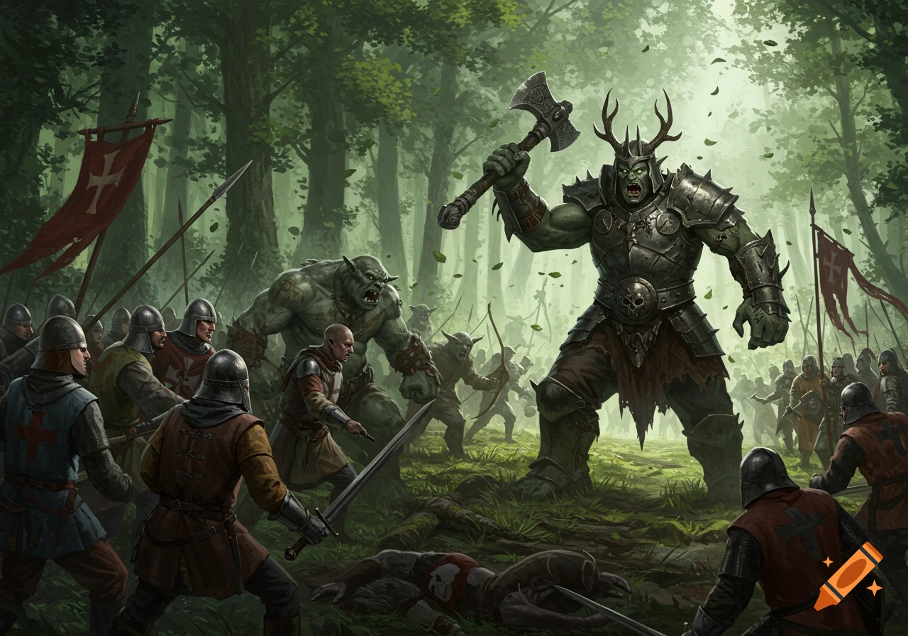 A large green troll king with an axe leads an army of trolls against medieval warriors in a dark forest.