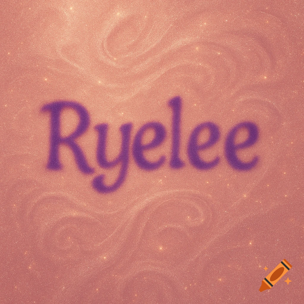 The name 'Ryelee' in fuzzy purple text on a sparkling rose gold background with subtle swirls.