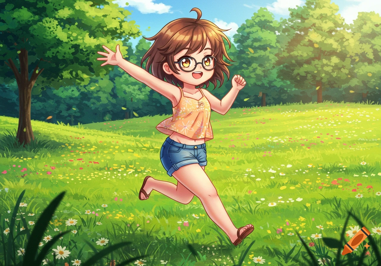 Joyful anime girl with brown hair and glasses runs through a sunny, flower-filled meadow in kawaii style.