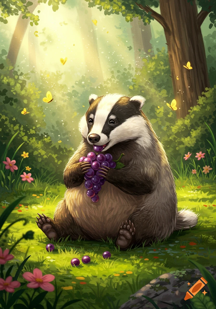 A cheerful cartoon badger sits in a sunlit forest, eating purple grapes, surrounded by butterflies and flowers.