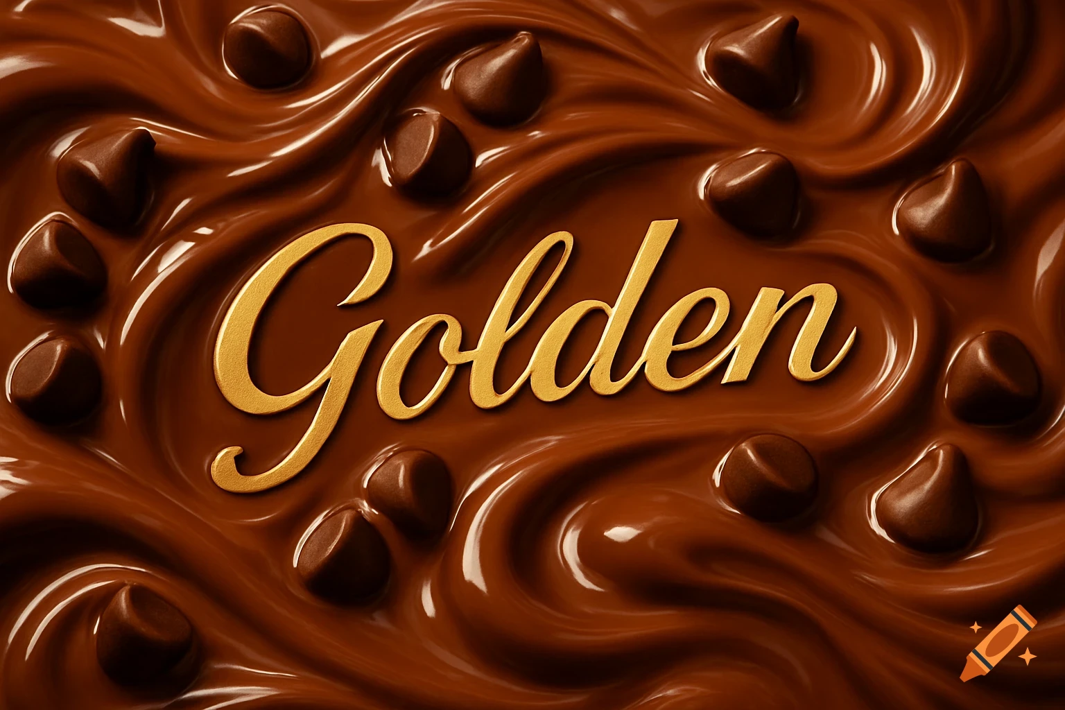 Golden text on a swirling molten chocolate background with scattered chocolate chips.