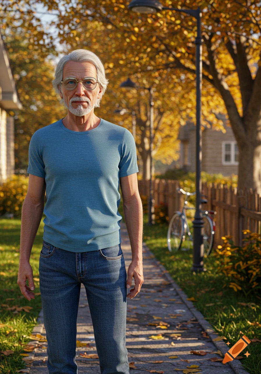 Photorealistic image of a senior man with gray hair and glasses in a blue t-shirt and jeans, standing on a sidewalk in an autumn suburban setting.