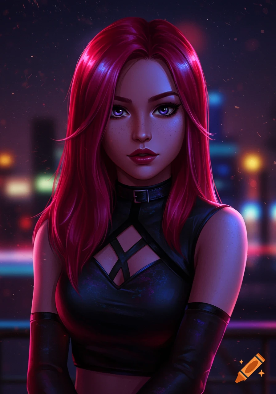 Digital art portrait of a woman with long red hair, wearing a black top with chest straps and gloves, against a blurry cityscape at night.