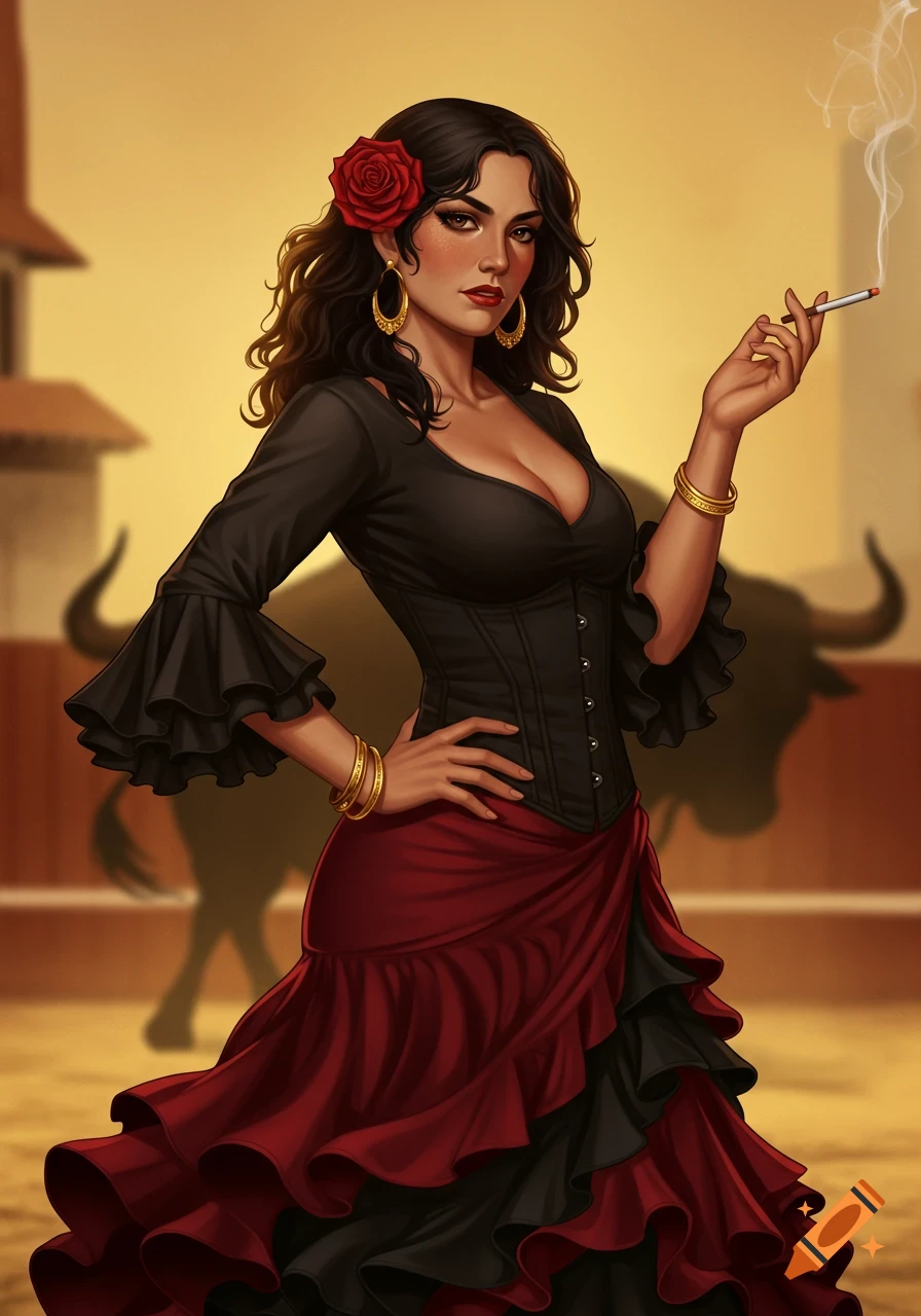 Illustration of a confident Andalusian woman, Carmen, with a rose in her hair, wearing a black top and red flamenco skirt, holding a cigarette. A bull silhouette is in the background.