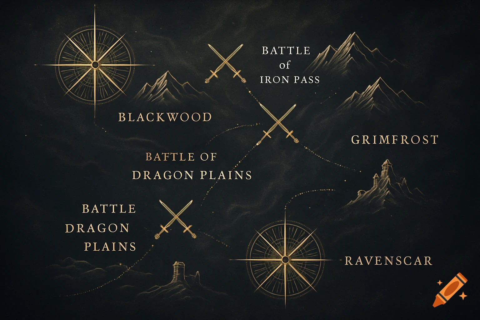 A stylized fantasy map with mountains, castles, compass roses, and battle locations labeled in gold text on a dark background.