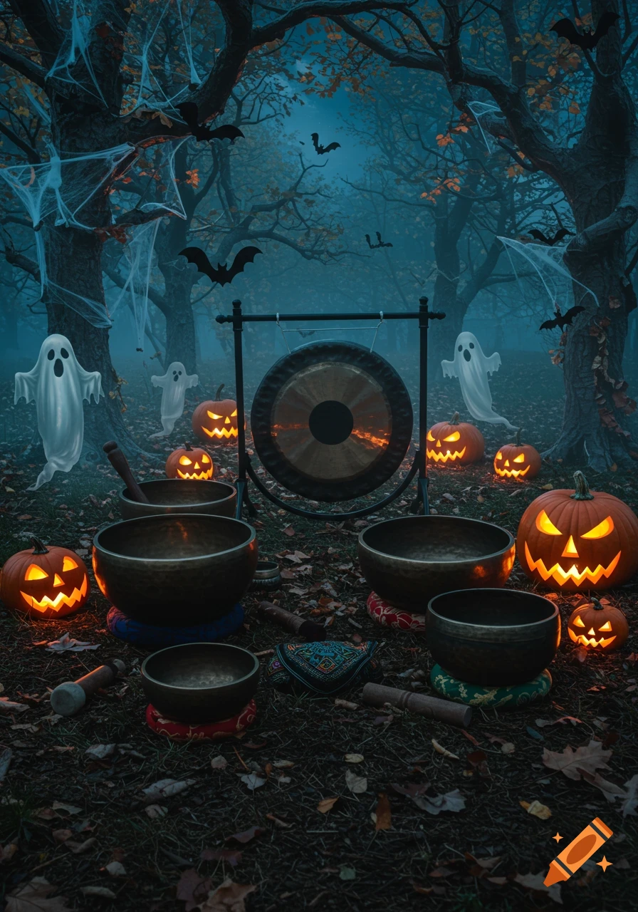 Spooky Halloween forest scene with glowing jack-o'-lanterns, ghosts, bats, a large gong, and multiple singing bowls on the ground.