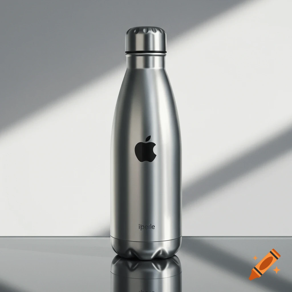 Photorealistic metallic silver water bottle with black Apple logo and 'iperle' branding, on a reflective surface.