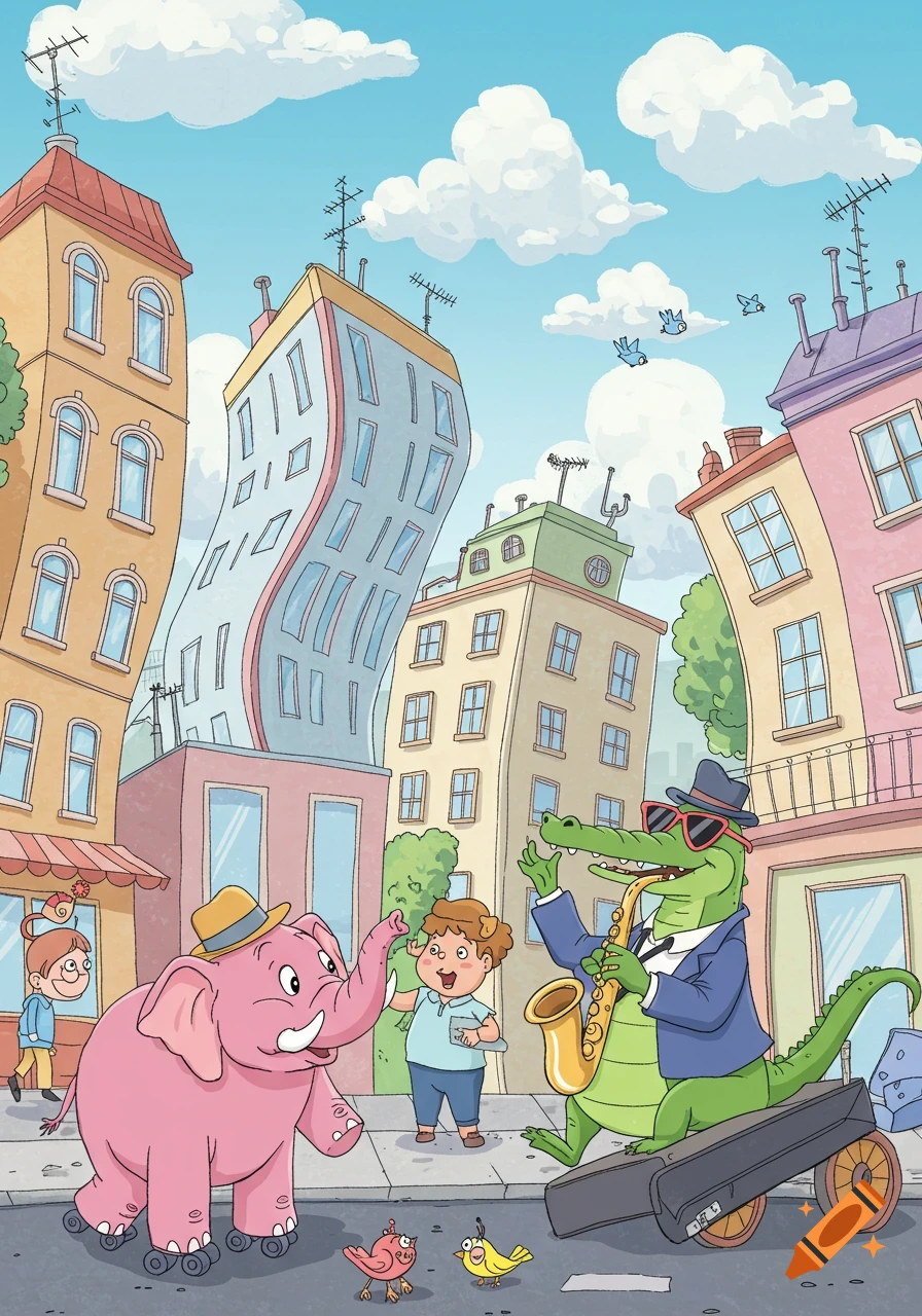 Cartoon illustration of a pink elephant on roller skates, a boy, and a saxophone-playing alligator on a city street.