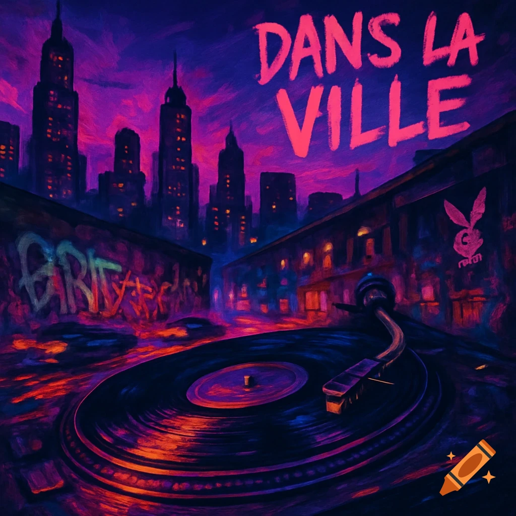 A vibrant neon painting of a city at night with a record player in the foreground and the text "DANS LA VILLE" at the top.