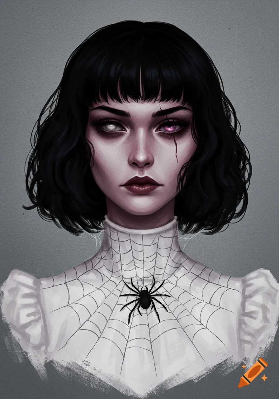 Close-up portrait of a dark-haired woman with pale skin, one white eye and one purple eye with a dark streak, wearing a white shirt with a spider web and a black spider.