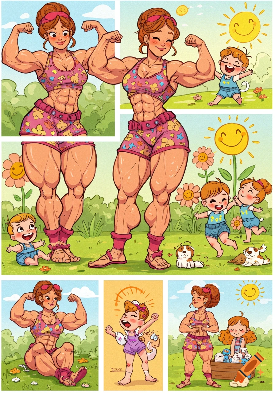 A cartoon model sheet featuring a very muscular woman flexing and interacting with happy children and dogs in a sunny, grassy park.