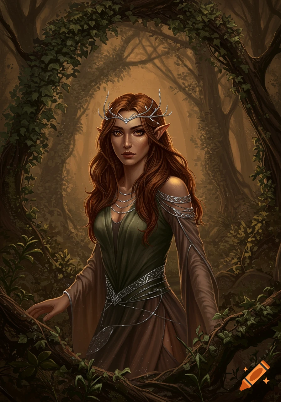 Digital painting of a half-elf woman with brown hair and pointed ears, wearing a green gown and silver tiara, in a mystical forest.