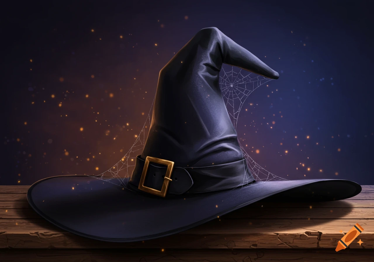 A black witch's hat with a gold buckle and spider web sits on a wooden table against a dark, sparkling background in a digital painting.