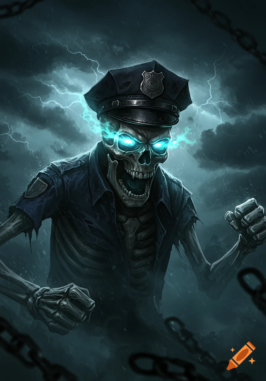 Angry skeleton in a police hat with glowing blue eyes in a stormy, lightning-filled sky, with chains in the foreground.