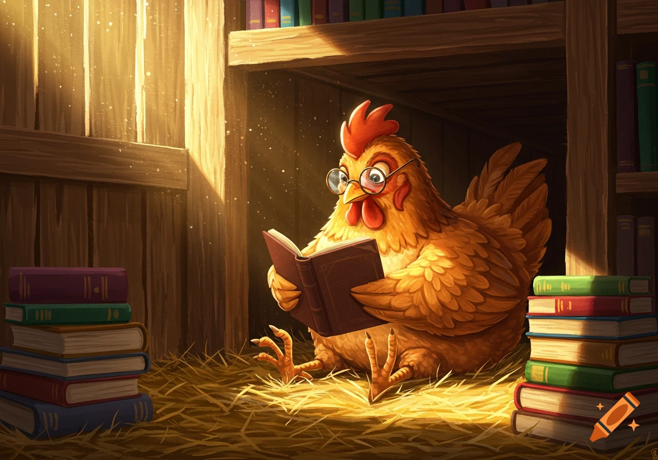 A cartoon chicken wearing spectacles sits on hay, engrossed in reading a book under warm light, surrounded by stacks of books and shelves.