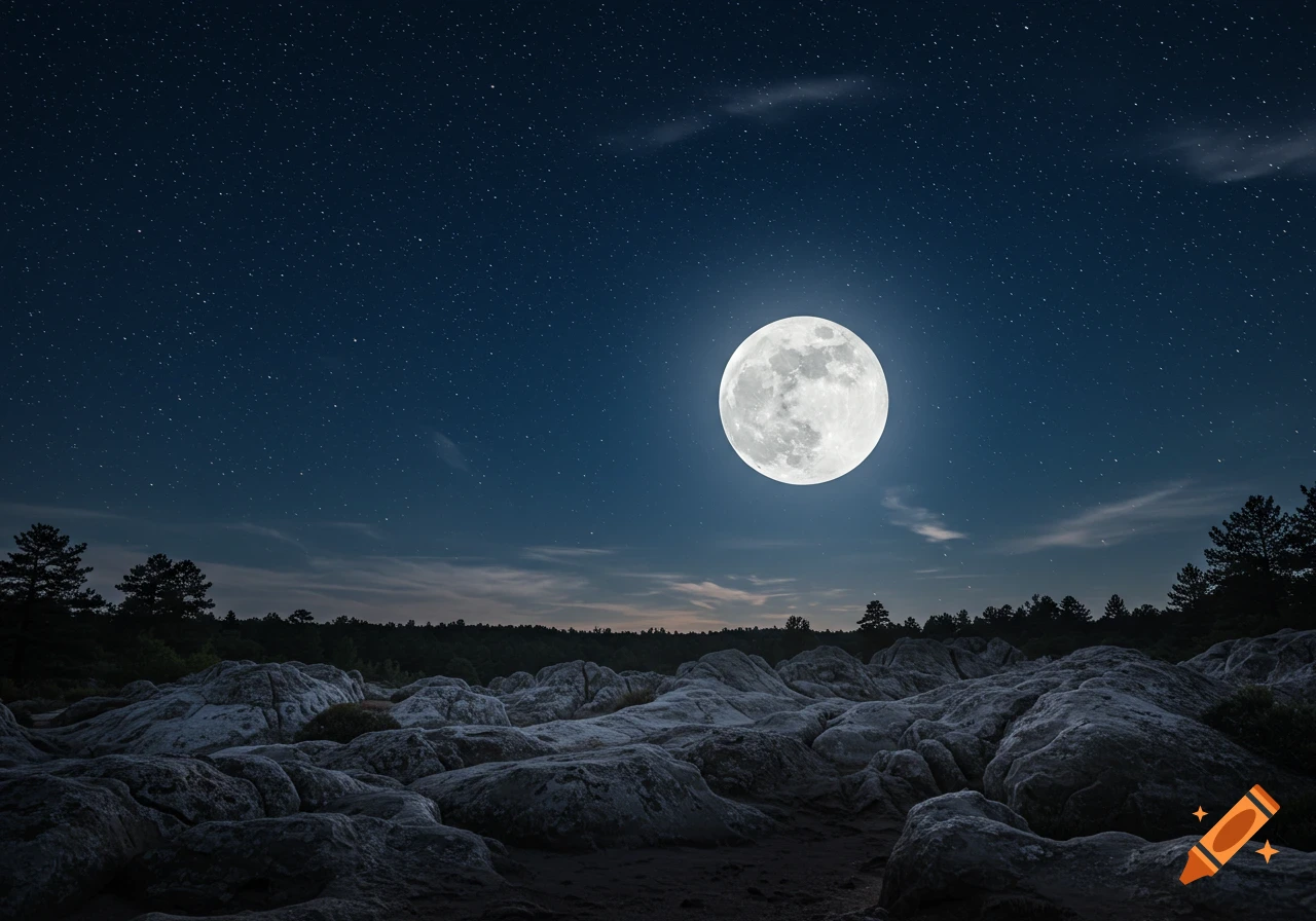 A bright full moon illuminates a rocky, forested landscape under a clear, star-filled night sky.