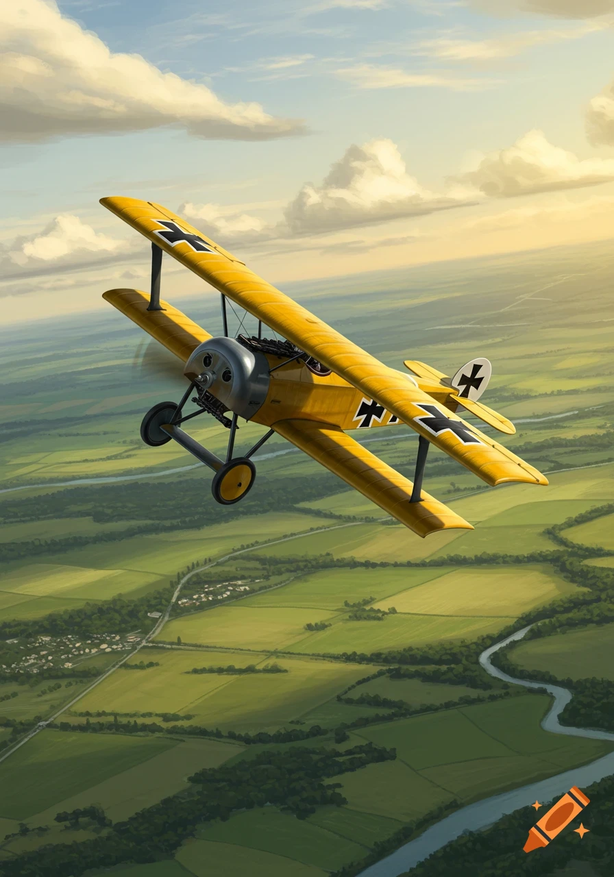 A yellow Fokker Dr.I biplane with black Iron Cross markings flies over green fields and a winding river under a cloudy sky.