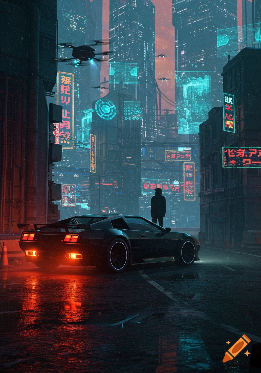 A dark futuristic city street at night with neon lights, a sleek black car, and a solitary figure standing by the car under drones.