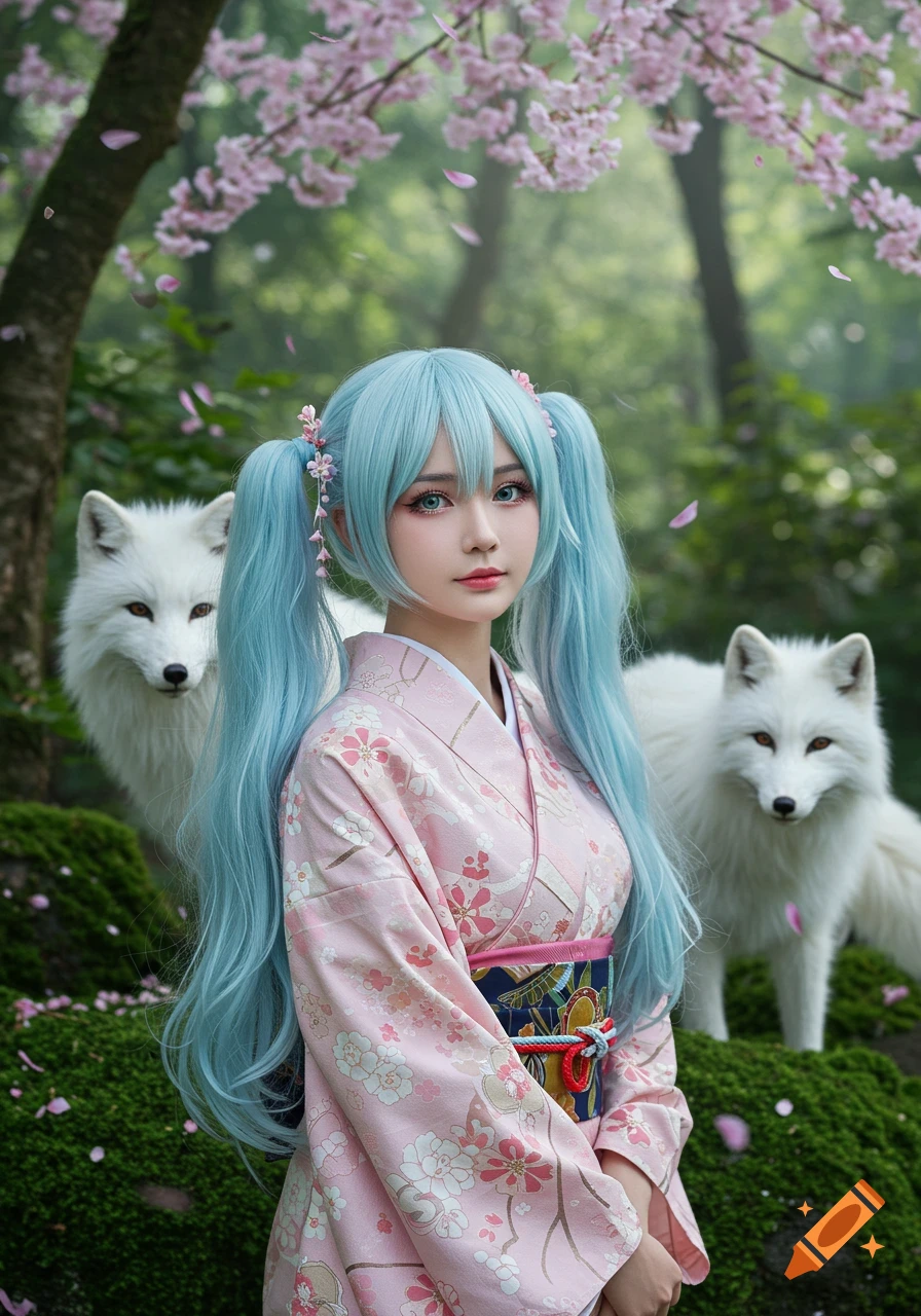 A young woman with blue twin-tails in a pink kimono stands in a cherry blossom forest with two white foxes, photorealistic style.