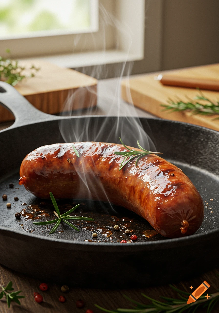 Sizzling sausage cooking in a cast iron pan with steam, peppercorns, and rosemary, photorealistic.