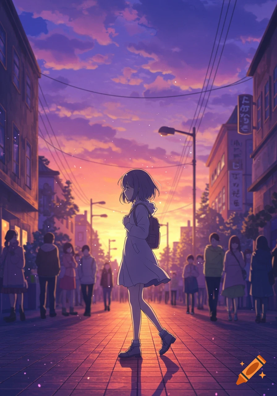 Anime-style woman with a backpack walking through a city street at a vibrant sunset.
