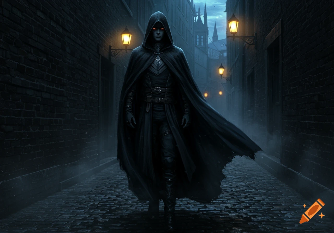 A dark, cloaked figure with glowing red eyes stands in a misty, cobblestone alley lit by gas lamps.