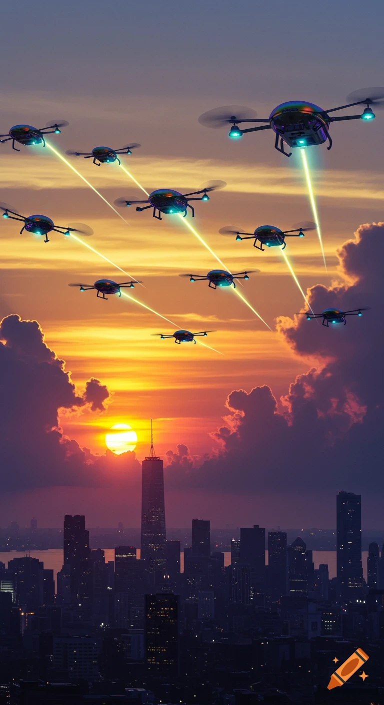 Multiple iridescent drones emit light beams as they fly over a dark city skyline at sunset.