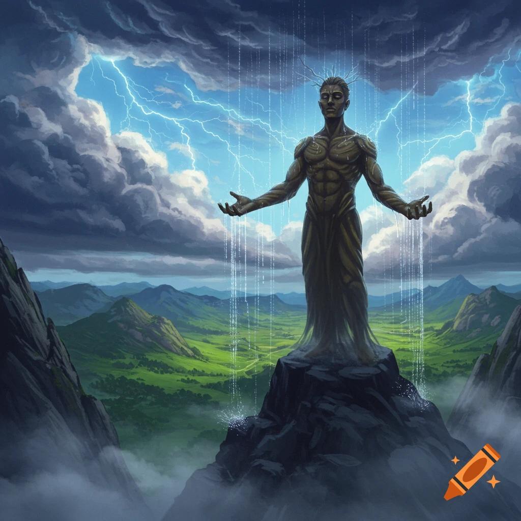 A muscular rain god statue on a mountain peak, summoning rain and lightning from a stormy sky over green valleys. Fantasy art.