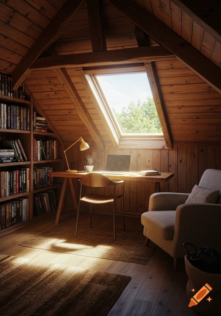 Warm, sunlit attic home office with wood paneling, a desk, laptop, bookshelves, and an armchair.