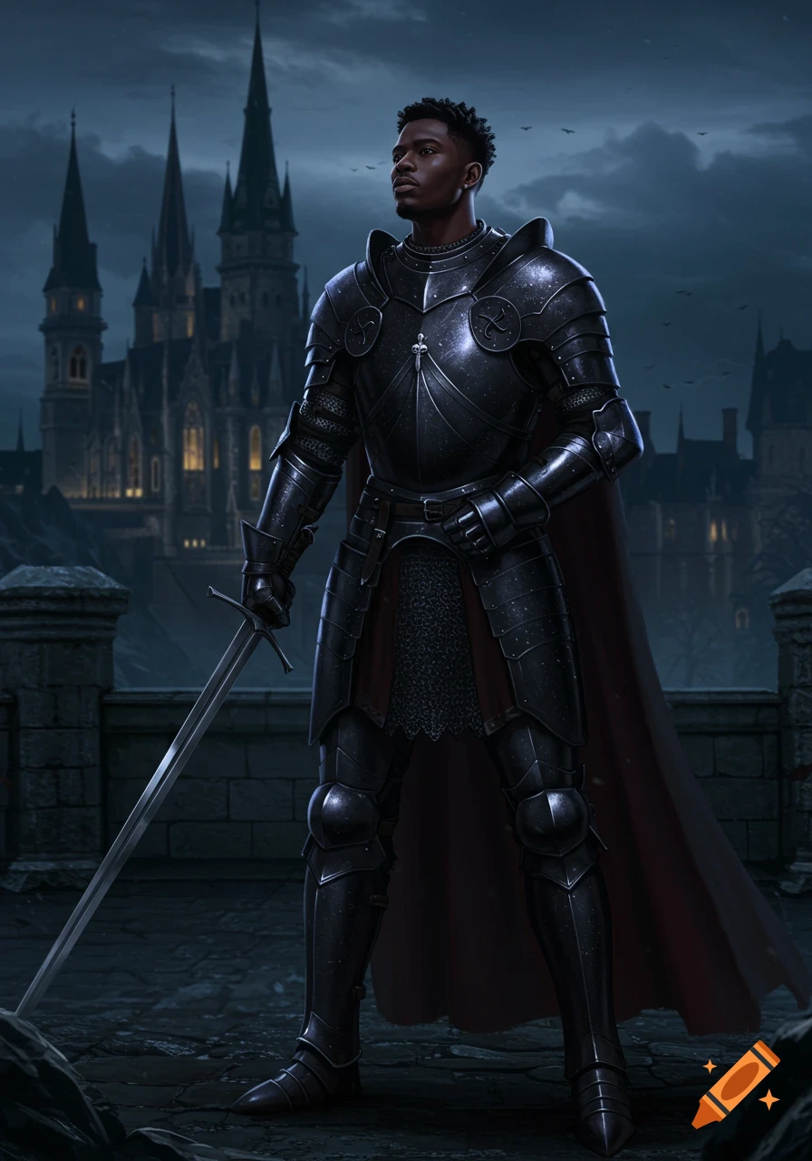 A black male knight in shiny black armor and a red cape stands holding a sword on a castle parapet at dusk.