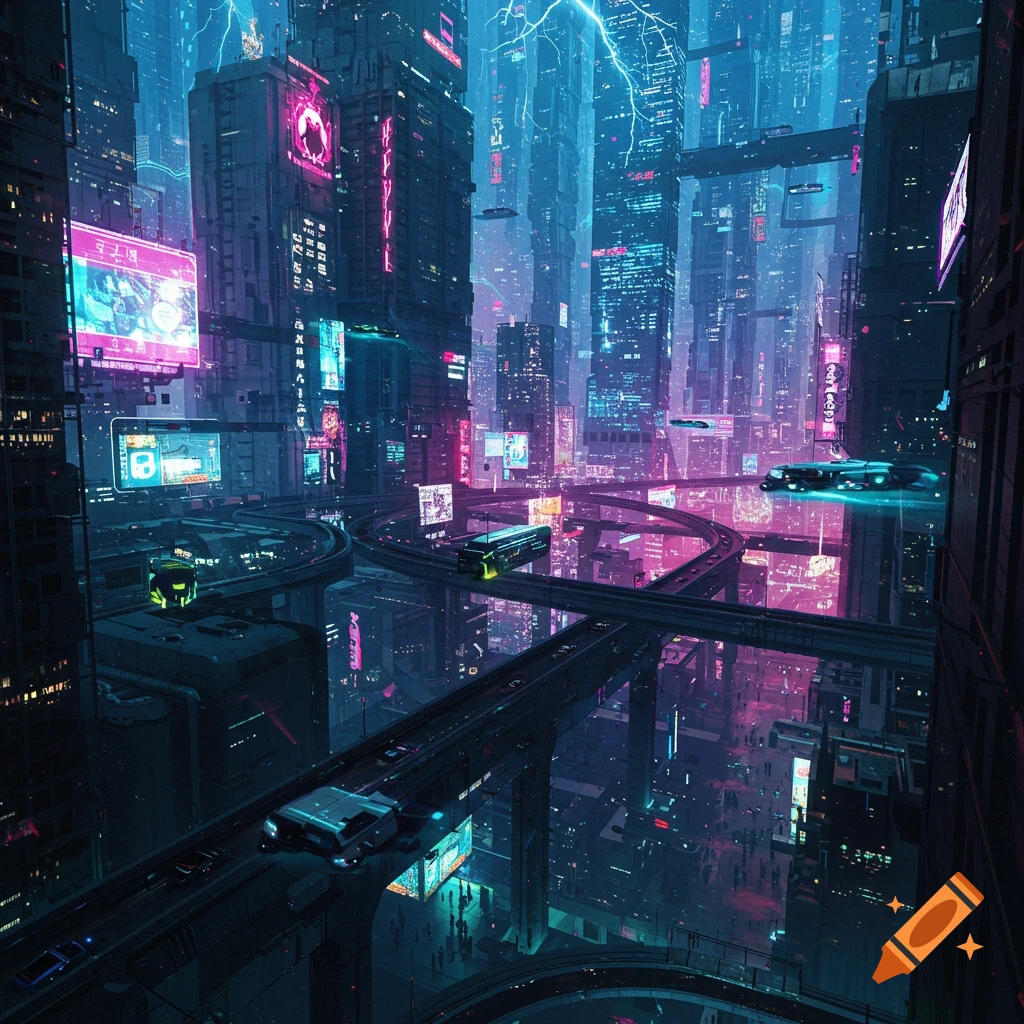 A sprawling, neon-lit cyberpunk mega city at night with towering skyscrapers, flying vehicles, and multi-layered elevated roads reflecting off wet surfaces.