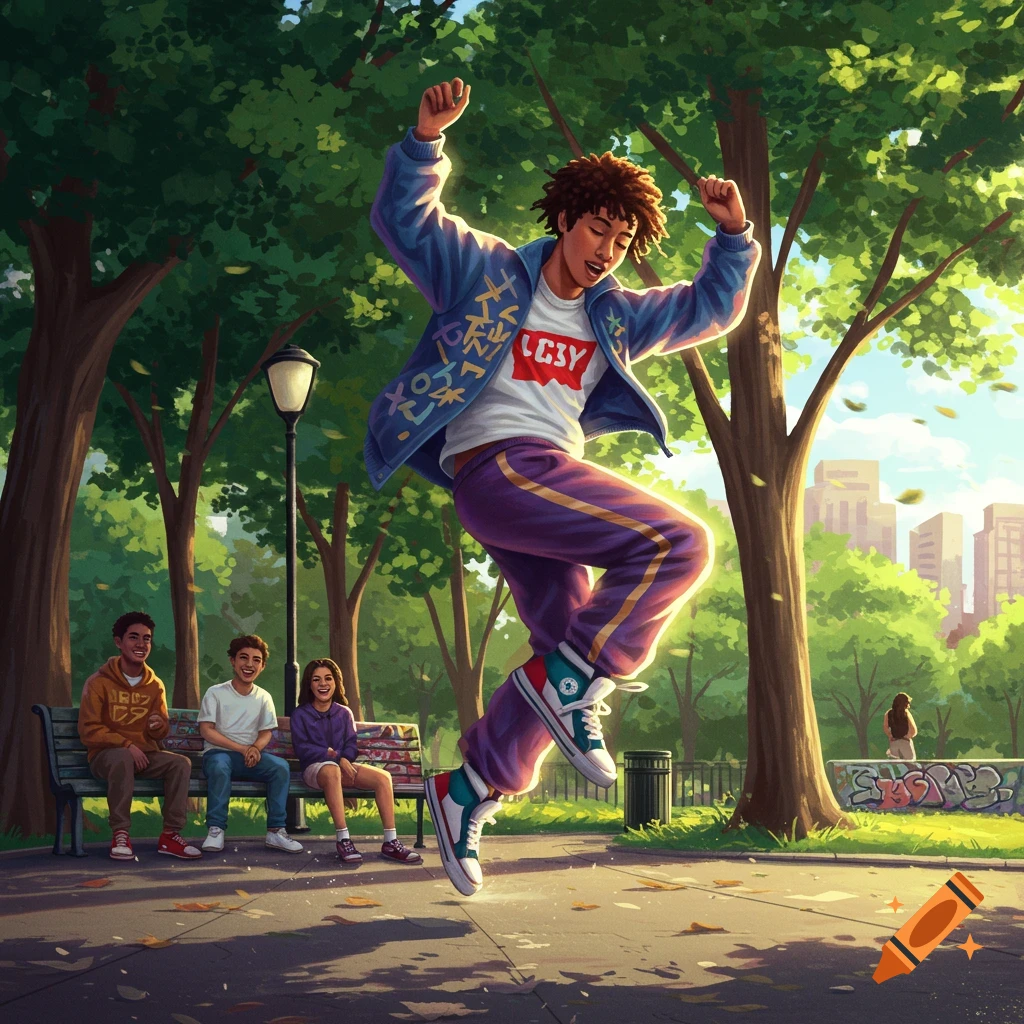 A vibrant illustration of a young person in streetwear jumping in a park with friends watching from a bench. Sunlight streams through trees.