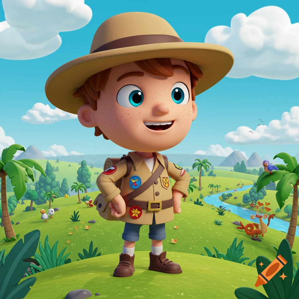 A smiling 3D animated boy explorer in a safari hat stands in a lush green landscape with palm trees, a river, and cartoon animals.