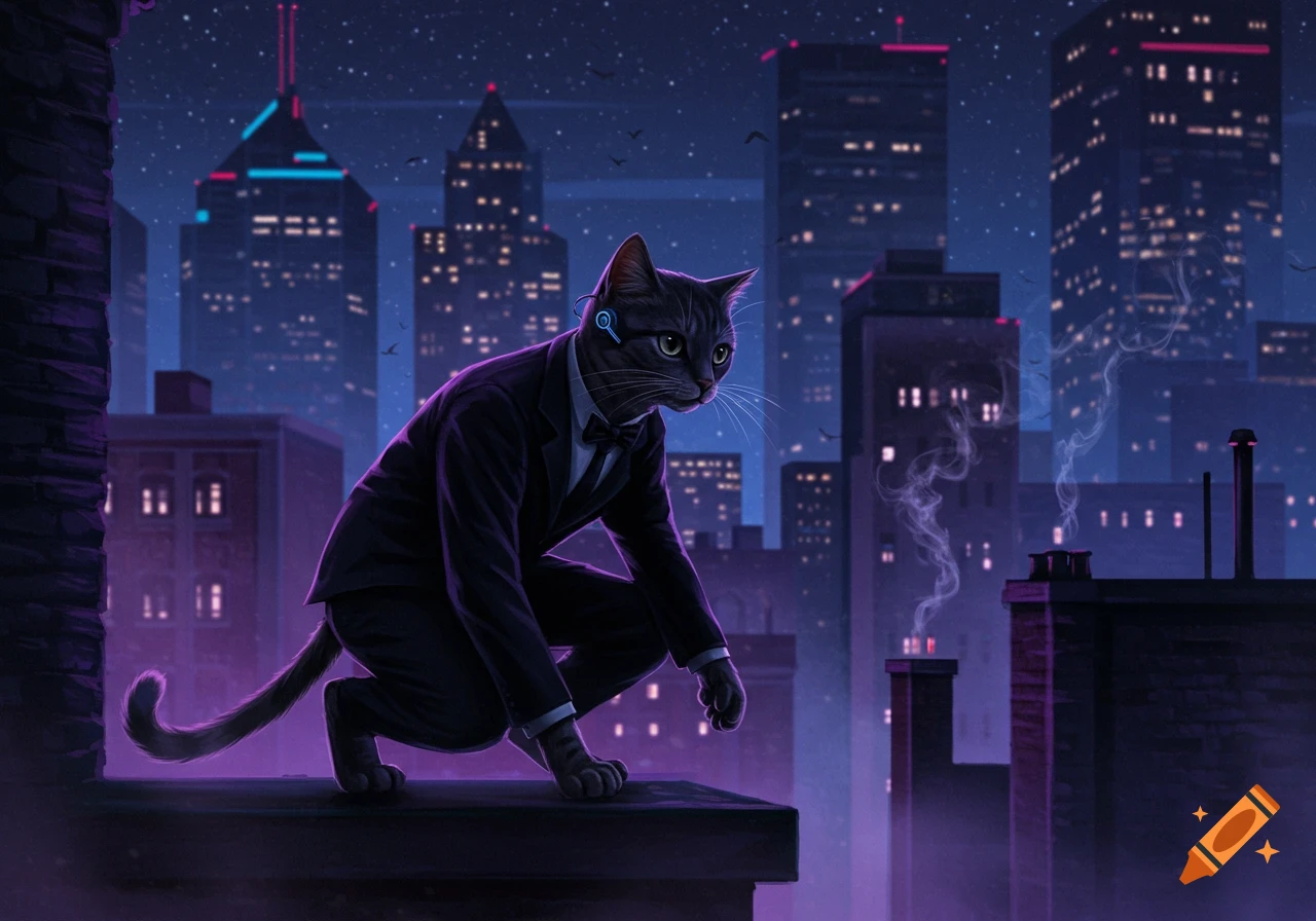 A grey cat in a black suit and bow tie crouches on a city rooftop at night, with a neon-lit skyline.