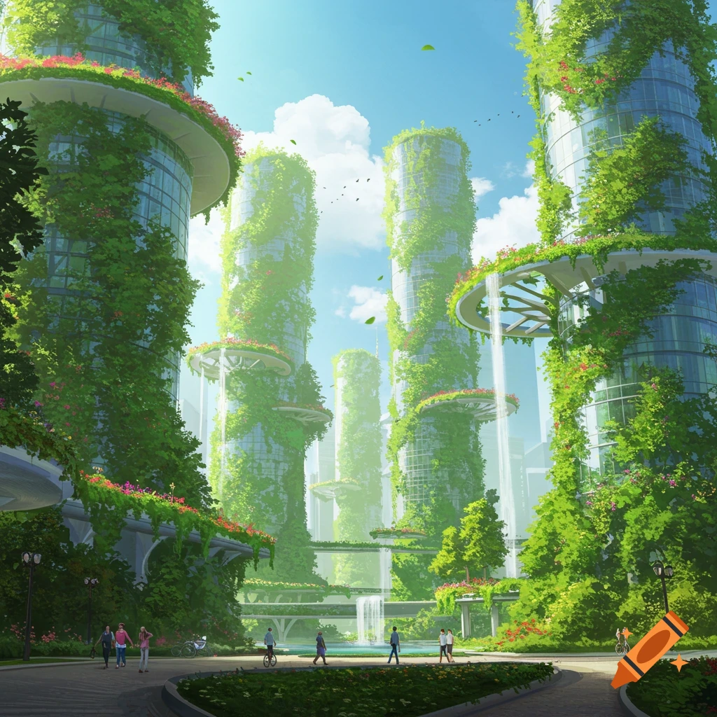 A vibrant, futuristic cityscape with plant-covered skyscrapers, waterfalls, and people enjoying a green urban environment. Digital painting.