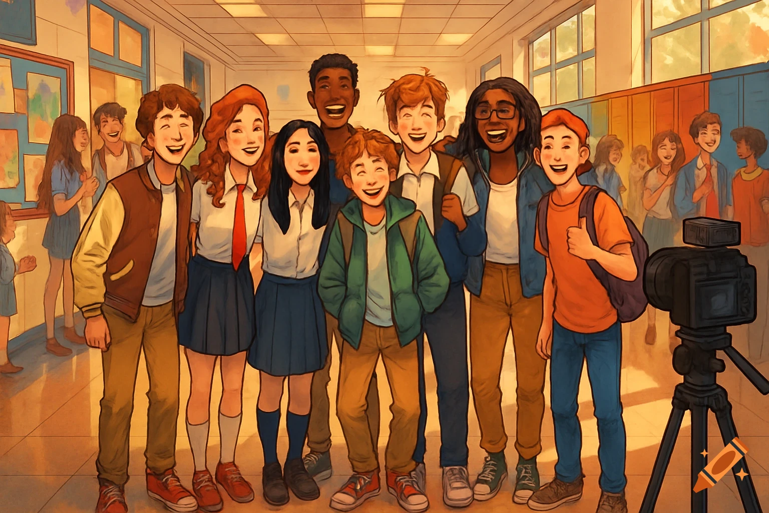Group of smiling diverse students posing in a school hallway with a camera on a tripod, in an illustrative style.