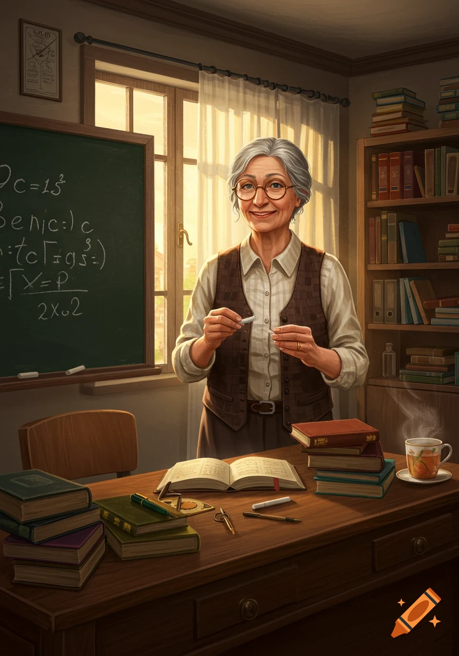 A smiling elderly female teacher with glasses holds chalk in a sunlit classroom, with a blackboard, desk, and bookshelves.