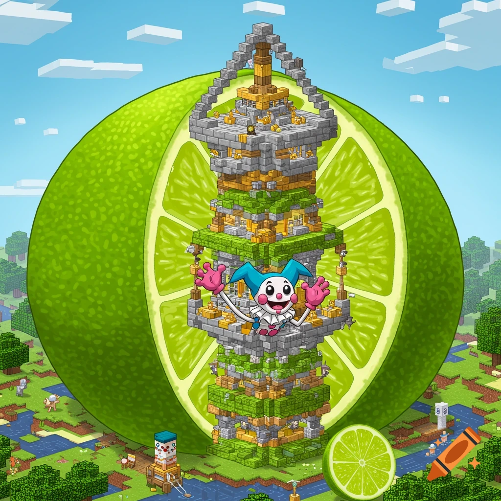A cartoon jester stands on a Minecraft-style tower built inside a gigantic sliced lime, in a pixelated landscape.