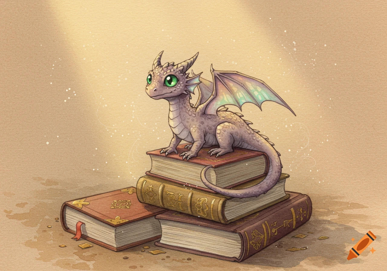 A cute baby dragon with green eyes sits atop a stack of old books, watercolor illustration.