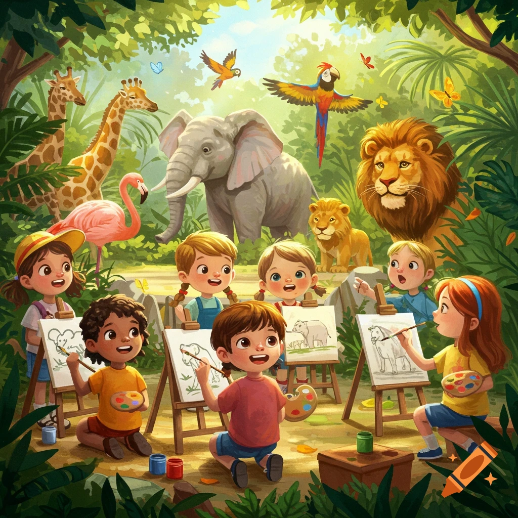 Cartoon children drawing zoo animals in a lush jungle setting.
