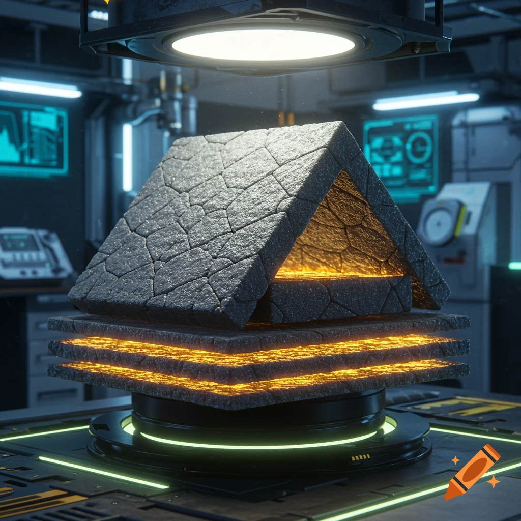 A pyramid-like stone structure with glowing orange layers beneath, set on a neon-lit platform in a futuristic lab.