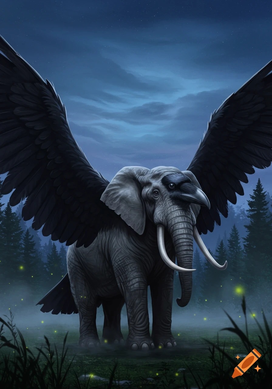 A large grey elephant with black crow wings and a crow's head stands in a misty forest at night with fireflies.