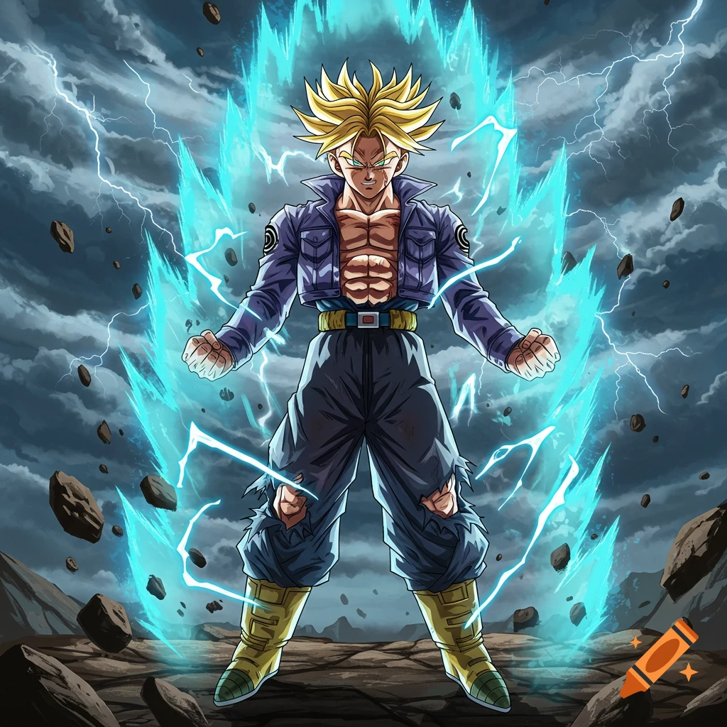 Dragon Ball's Trunks in Super Saiyan form with a blue aura and lightning, standing on a rocky terrain.