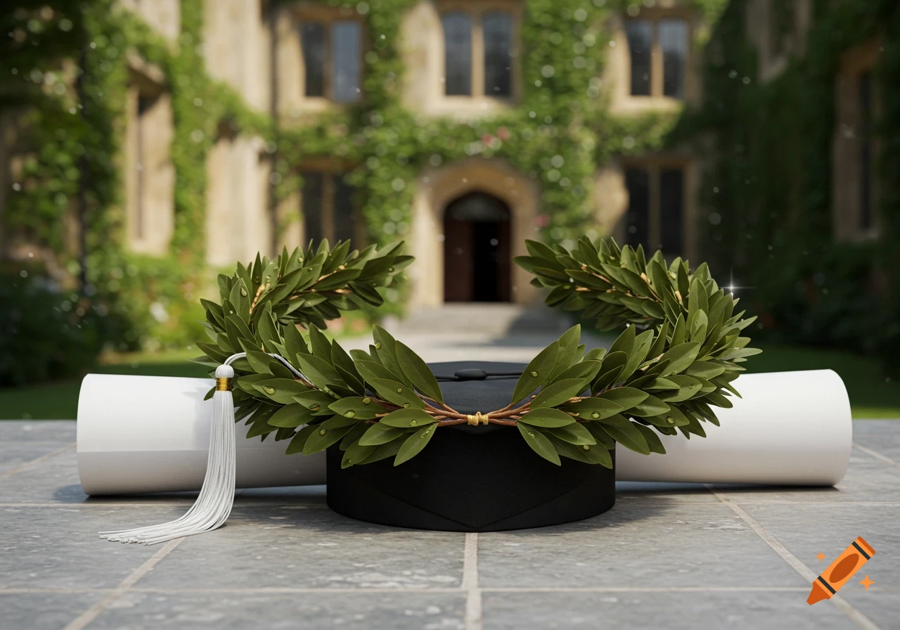 A laurel wreath and graduation cap rest on stone ground with a rolled diploma, in front of an ivy-covered university building.