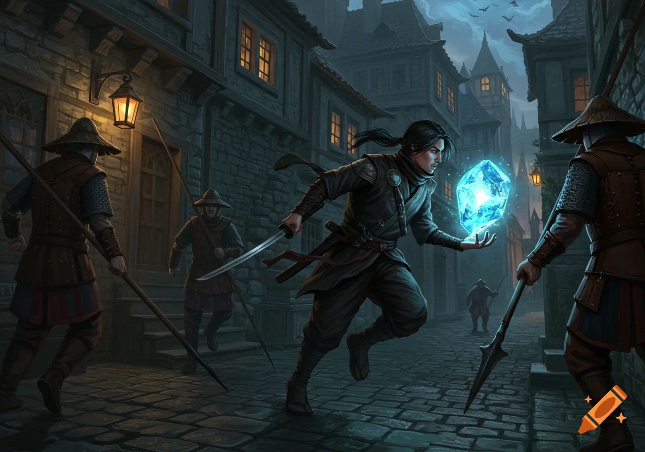 A ninja runs through a dark medieval town street, holding a katana and a glowing blue crystal, pursued by three guards with spears.