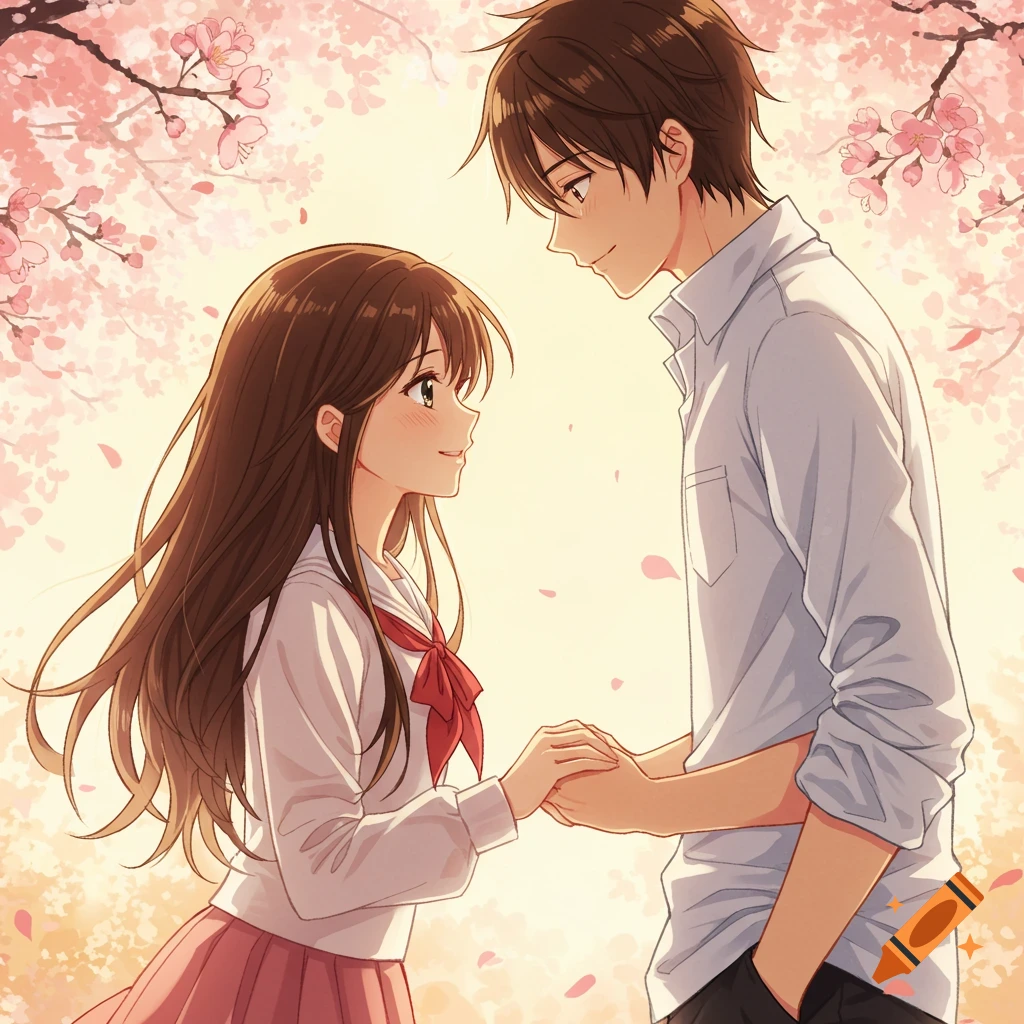 Anime couple holding hands under pink cherry blossoms, looking at each other with soft expressions.